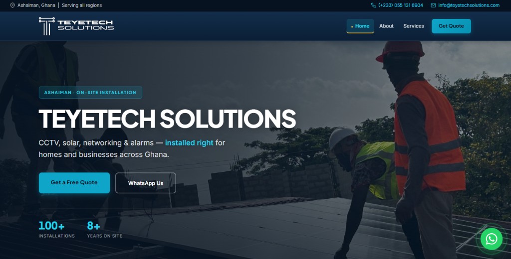 Teyetech Solutions website — hero section with solar installation crew and CCTV, solar, networking services headline